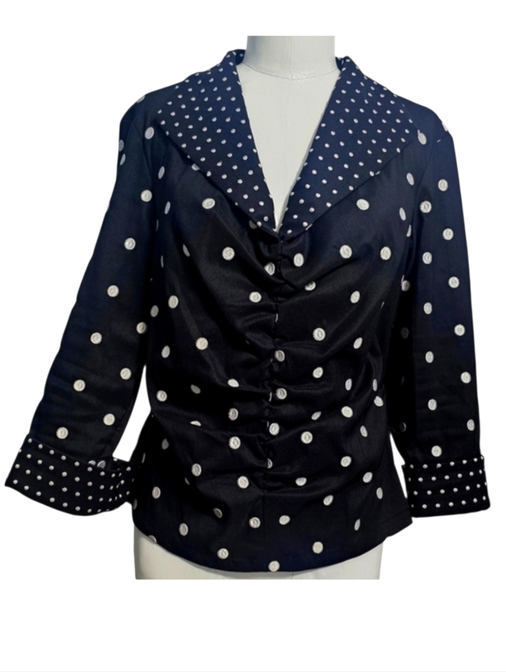 Samuel Dong Black With White Embroidered Polka Dots Ruched Front Pin-Up Top M